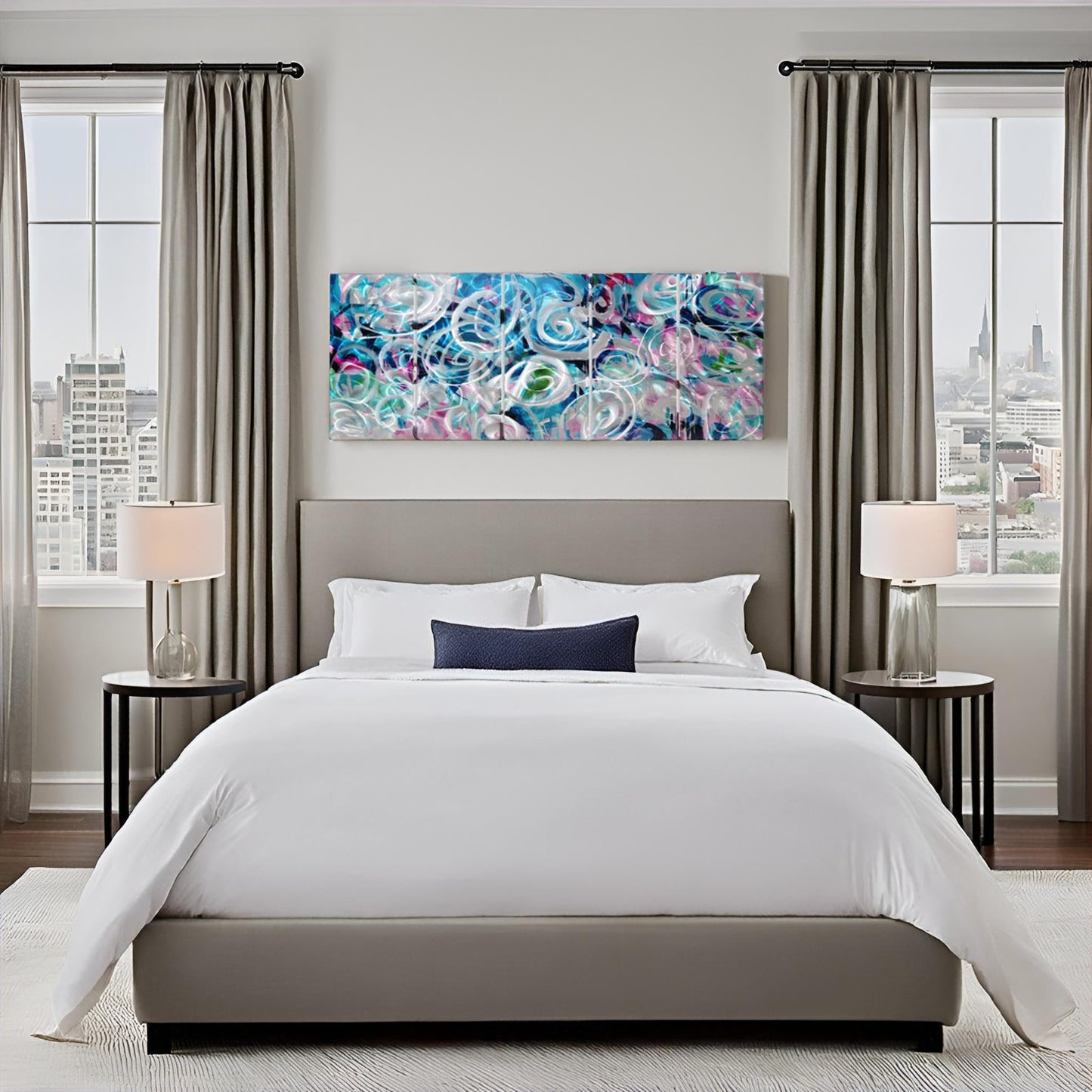 RICHSPACE ARTS Large Flower Field Metal Wall Art with 3D Texture 5 Pieces Blue and Pink Modern Wall Decor Hanging Sculptures for Living Room Bedroom Office Home Gift Ideas