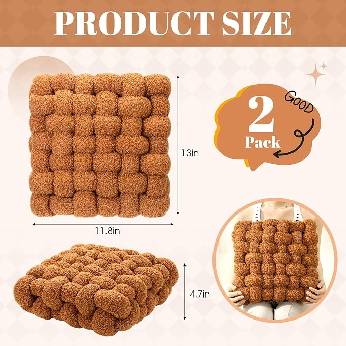 Wenqik 2 Pcs Knot Pillows Square Knotted Plush Throws Soft Accent Pillows Decoration Cushion for Couch Home Office Living Room Bedroom Bed Sofa Decor, 12'' x 13''(Caramel,Lambswool)