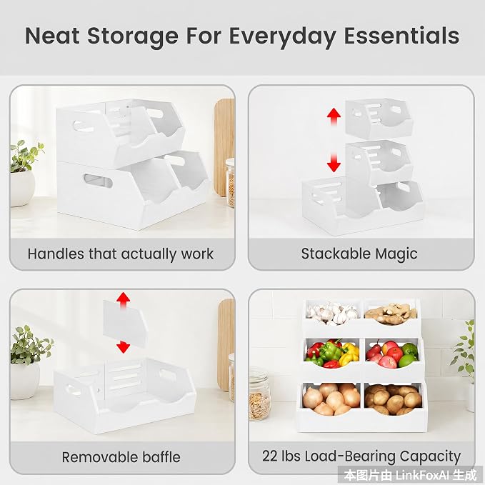 Potato and Onion Storage Bin, 3 Tier Bamboo Kitchen Storage Rack, Stackable Ventilated Pantry Organizer with Handles for Garlic Peppers Vegetables, Countertop Produce Bins, White(Assembly Required)