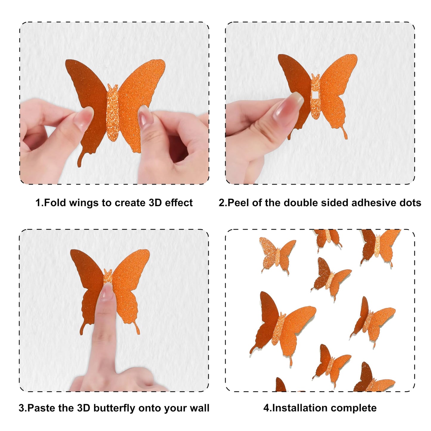 Glitter 3D Butterfly Wall Stickers – Orange Sparkle Butterfly Decals for Home Wall Décor, Bedroom, Living Room, Party Decorations, DIY Wall Art, Removable Peel and Stick Stickers