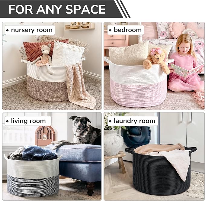 INDRESSME XXXLarge Blanket Basket 21.7" x 21.7" x 13.8" Woven Storage Baskets Soft Cotton Rope Toy Baskets Storage Kids Decorative Laundry for Home, Perfect for Living Room, Black