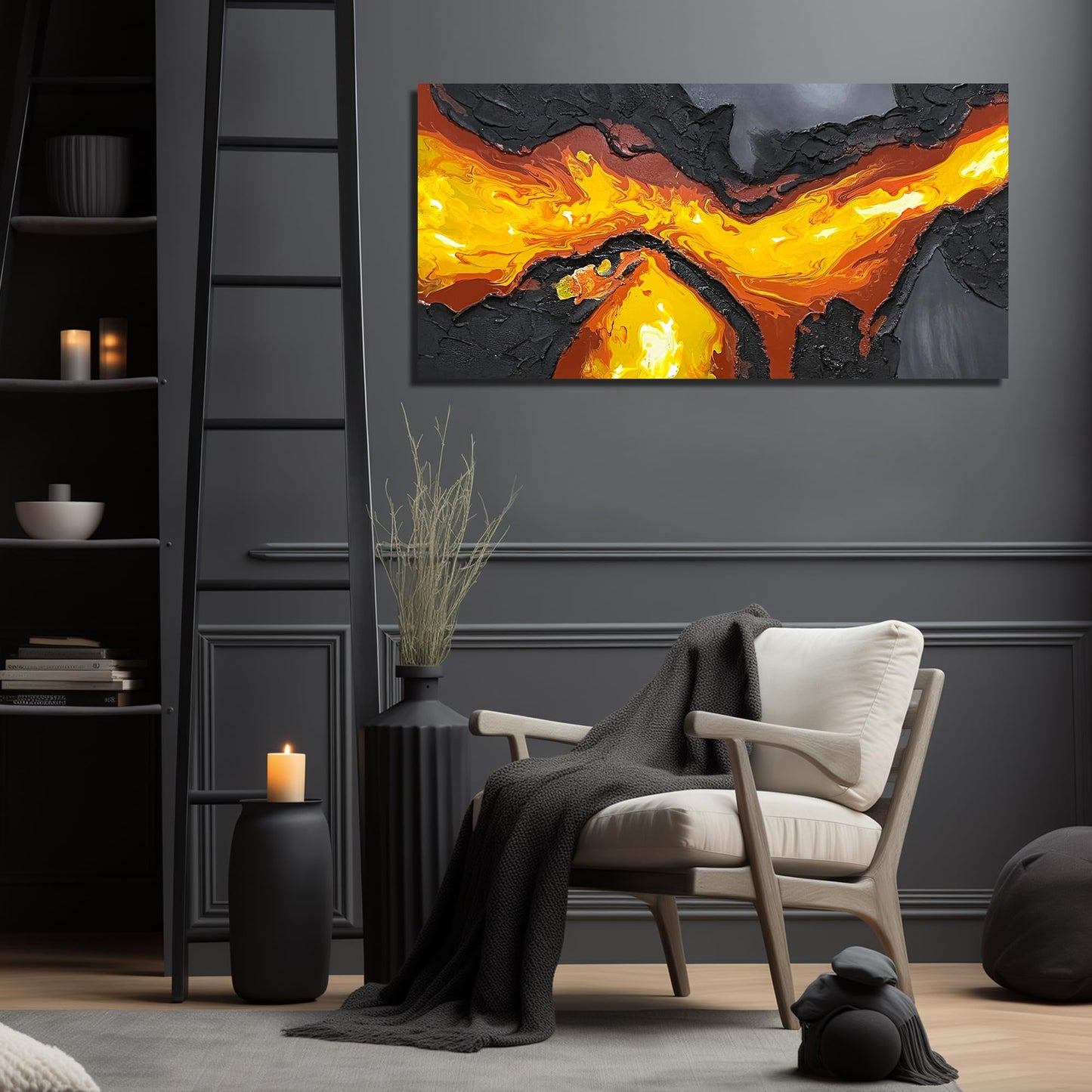 GUGIKA Abstract Wall Art for Living Room, Hand Painted 3D Textured Magma Paintings, Black and Gold Yellow Volcanic Lava Canvas Wall-Decor for Bedroom, Size 40 x 20 Inches