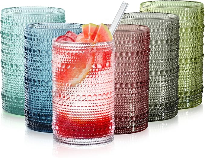 15oz Colored Hobnail Drinking Glasses, Vintage Glasses Drinking Set of 6, Embossed Beaded Glass Cups for Kitchen, Beer, Juice, Cocktail, Whiskey, Milk