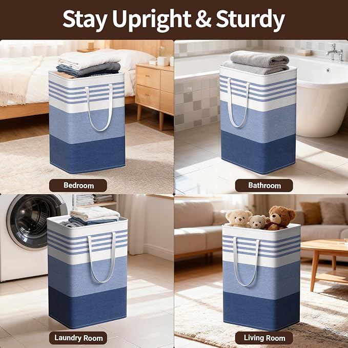 WOWBOX 2 Pack Laundry Baskets, Laundry Hampers, Freestanding Dirty Clothes Hampers with Reinforced Handles & Cross Stitch & Waterproof Coating, for Laundry Bedroom Bathroom Dorm,75L Blue