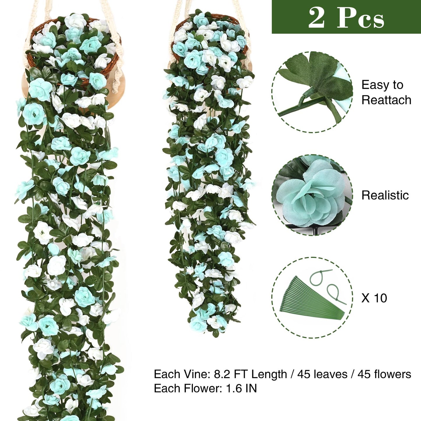 BLEUM CADE 2Pcs 16.4Ft Flower Garland Artificial Rose Vines for Bedroom, Cute Fake Hanging Flower Vines Floral Garland Decorations for Wedding Party Wall Room Decor Aesthetic
