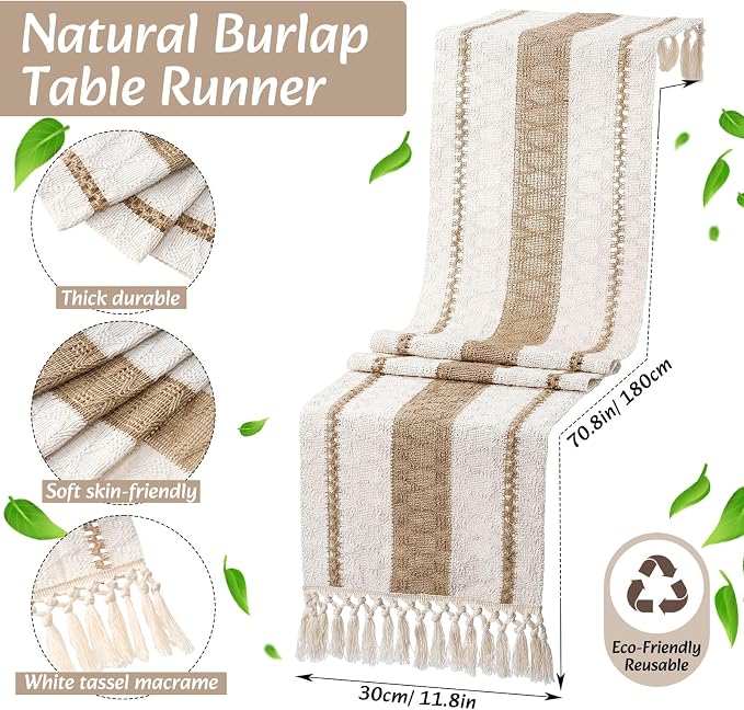 6 Sets Boho Decoration Placemats Round Woven Placemats, Cloth Napkins, Wood Bead Napkin Rings, Long Table Runner and Farmhouse Burlap Cotton for Table Kitchen (Brown,12x72)