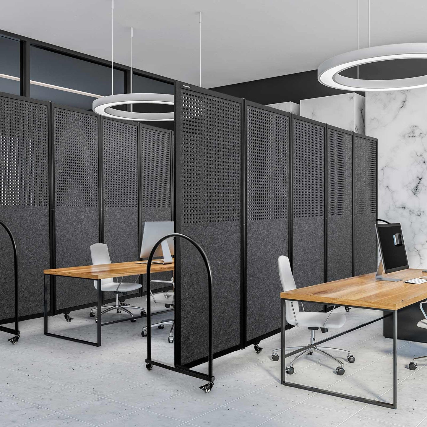 Folding Room Partition,Freestanding Privacy Divider,Portable Office Divider Wall,Commercial Space Partition Screen,Perforated Felt Panel Design,10'6"W x 6'7"H,5 Panel,Dark Grey