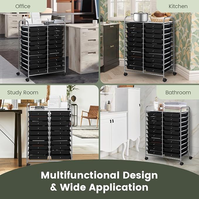 COSTWAY 20-Drawer Rolling Storage Cart, Utility Storage Organizer Cart for Tools, Scrapbook, Paper, Craft, Multipurpose Storage Trolley on Wheels for Home Office School (Black)