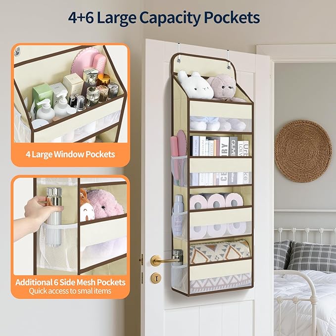 Yecaye Over The Door Organizer, Heavy Duty Hanging Organizers and Storage with 4 Large Capacity Pockets, Swing-Proof Behind The Door Storage for Bathroom Nursery Bedroom Dorm Closet, Beige,1Pc