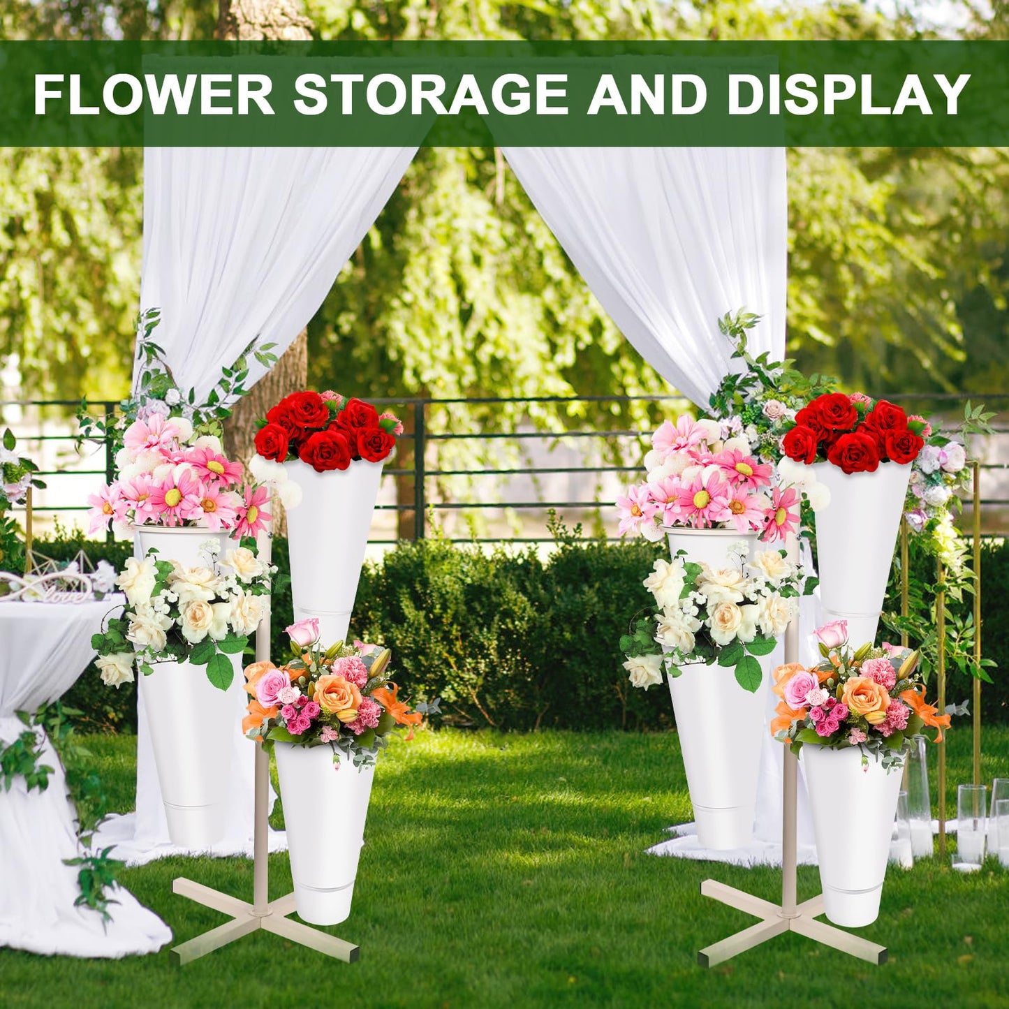 Flower Display Stand with Buckets, Metal Flower Bar Stand Rustic Farmhouse Florist Bouquet Holder Flower Cart Display Shelf for Outdoor Patio Garden Wedding Decor (Round)