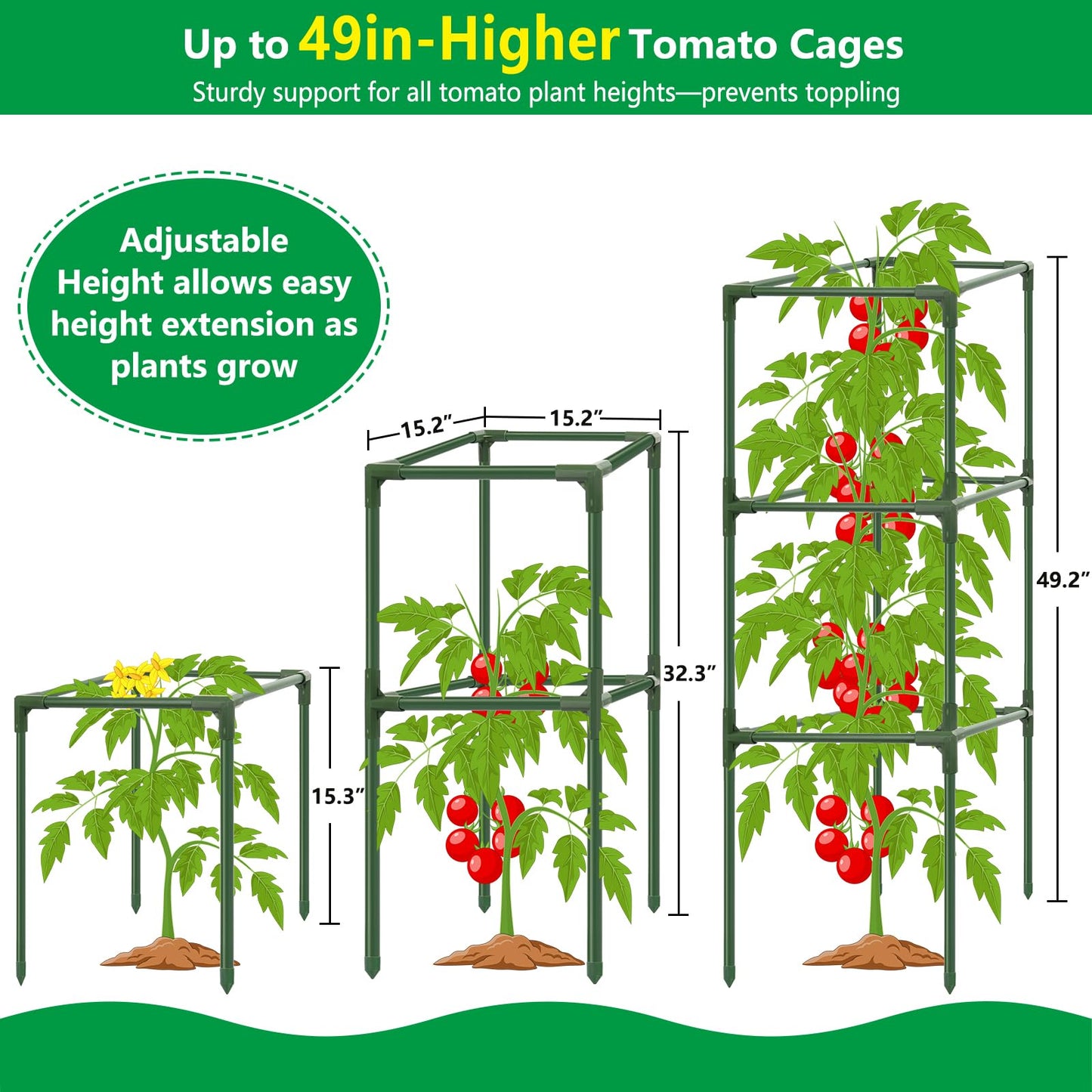 SprintGy 3 Pack Square Tomato Cages, 49'' Tall Heavy Duty Steel Tomato Trellis Kit for Garden, Plant Support Tower Stakes Cucumber Pepper Trellis for Climbing Vegetable Flowers