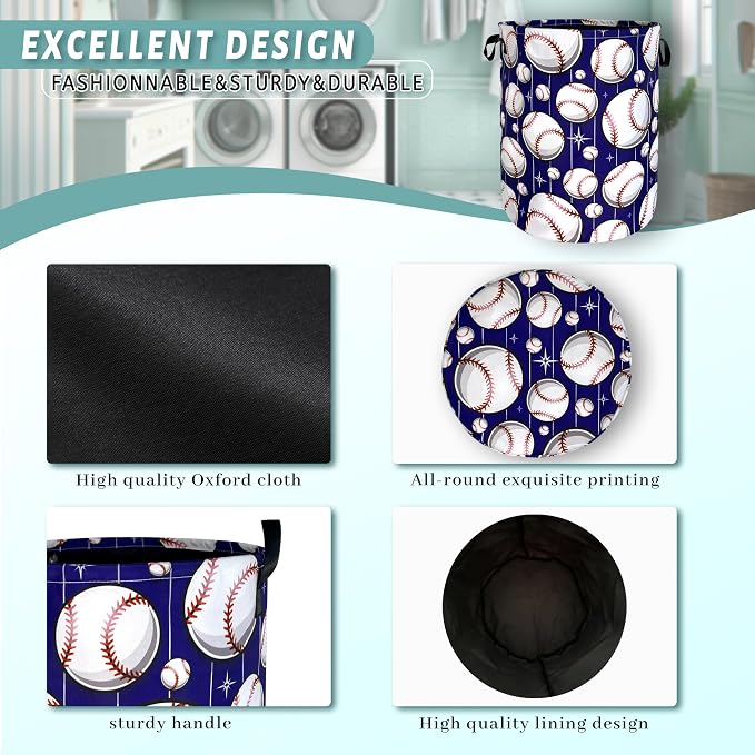 Baseball Pattern Laundry Basket Baseball Laundry Hamper Foldable Oxford Cloth Sports Funny Tote Bag Clothes Toy Storage Bucket For Bathroom/Laundry Storage/Bedroom 18.9 x 16.5 Inch