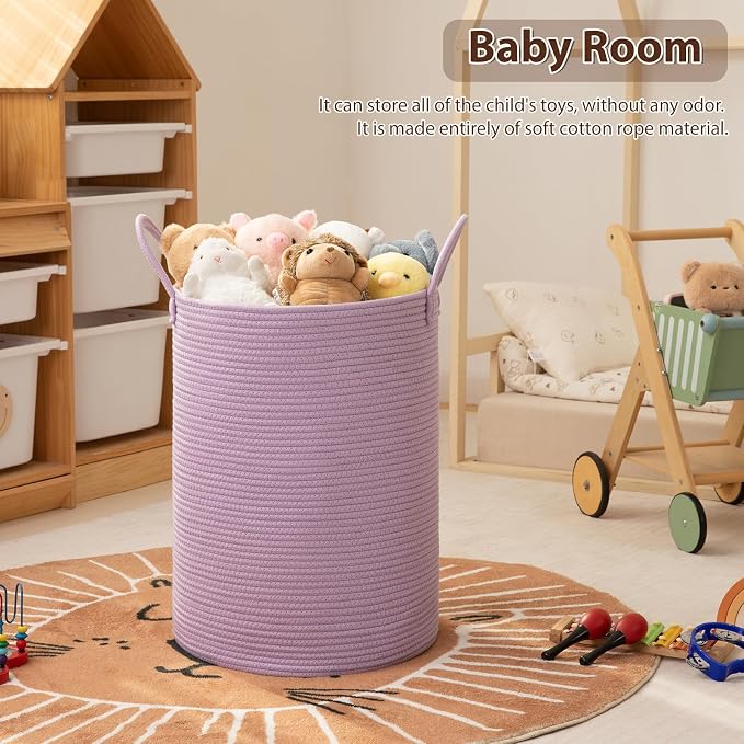 OIAHOMY Large Laundry Basket Hamper - 60L Cotton Rope Woven Basket for Blankets, Toys, Clothes - Tall Decorative Nursery Hamper with Long Handles, Purple