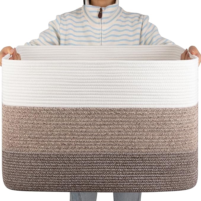 OIAHOMY 108L Large Cotton Rope Basket, Rectangle Woven Baskets for Storage, Nursery Blanket Storage Living Room, Toy Basket with Handle-25”x16”x16”-Gradient Dark Brown