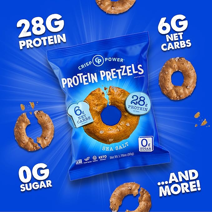 Crisp Power Protein Pretzels, Sea Salt, High Protein Vegan Keto Snack, 28 G Plant Based Protein, Low Carb Crunchy Pretzel Snacks, Sugar Free, No Seed Oils, 1.75 oz Bags, 6 Pack