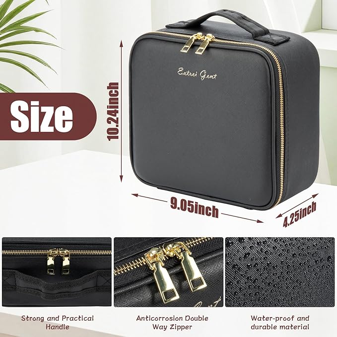 Extrei Gent Makeup Travel Train Case with Mirror LED Light 3 Adjustable Brightness Large Cosmetic Bag Portable Storage Adjustable Partition Waterproof Makeup Brushes Make up Jewelry Gift for Women