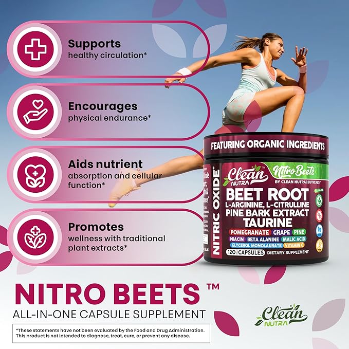 Clean Nutra Organic Beet Root Capsules L Arginine L Citrulline Pine Bark Nitric Oxide Beetroot Powder Arginine Citrulline Supplement Pre Workout Supplements Extract ??120 Vegan Pills