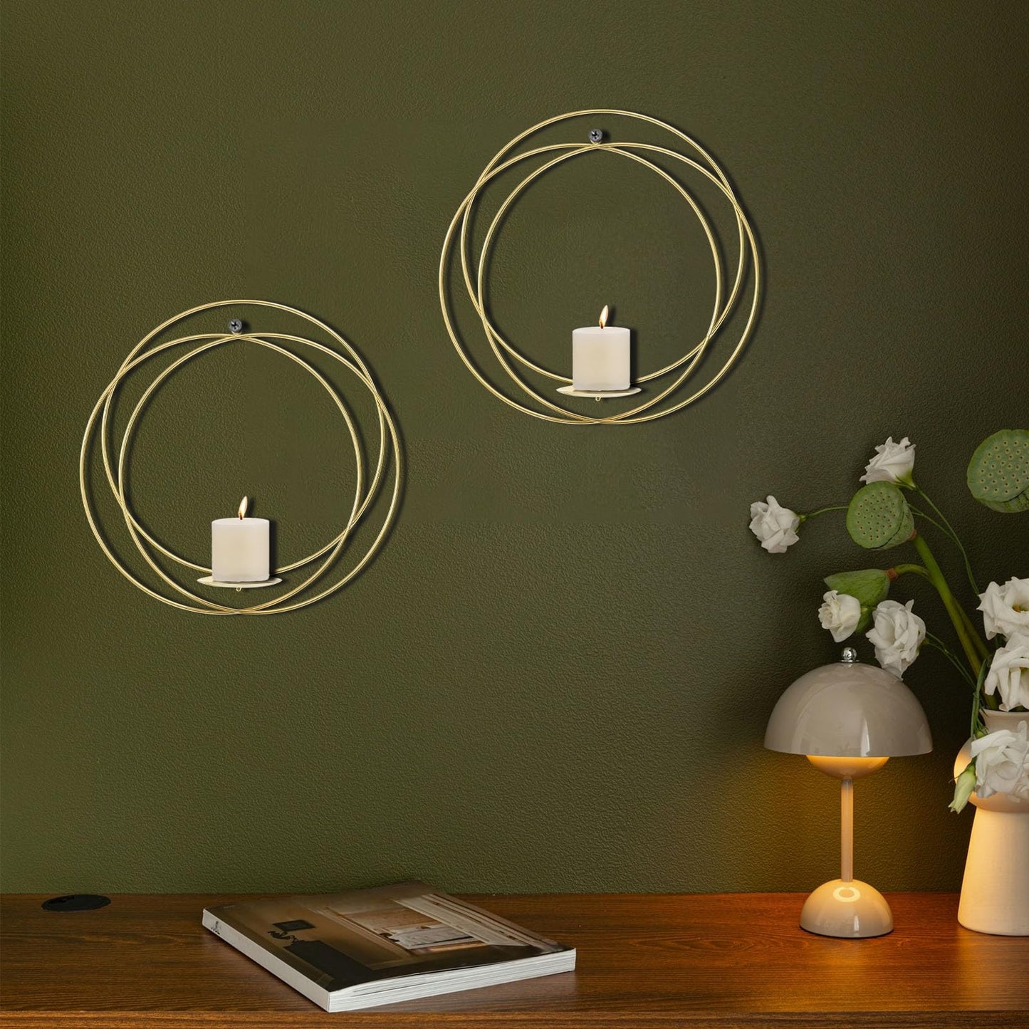 Wall Candle Sconces Set of 2 Gold Metal Hanger with Wood Base Farmhouse Rustic Wall-Mount Candle Holders Modern Wall Decorations for Living Room Bathroom Garden Patio Office