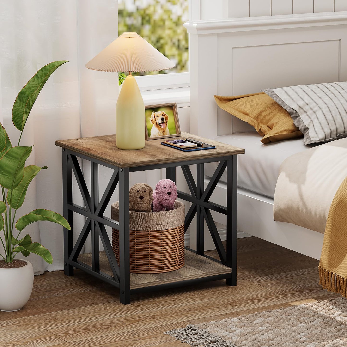 GreenForest End Table with 2-Tier Storage Shelf, 24 inch Large Side Table for Living Room,Modern Nightstand for Bedroom Bedside Office Farmhouse, Grey Wash