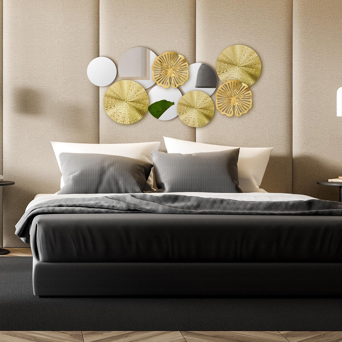 Hicarer 9 Pcs Circle Mirrors Metal Home Decor Wall Decorative Modern Round Accent Wall Art Sculpture Hanging Decorations for Living Room Office Bedroom Kitchen(Gold)