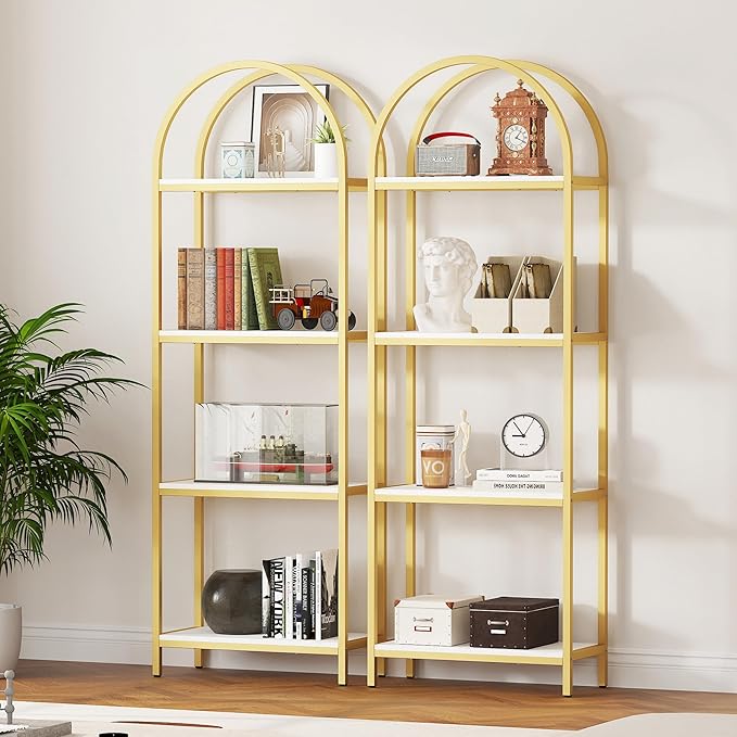 Yusong Bookshelf 4 Tier Arched Bookcase, 71.3" Tall Industrial Open Book Shelves for Living Room, Modern Freestanding Display Shelving Storage Rack Metal Frame, Office, Bedroom,Gold White
