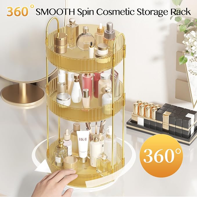 Rotating Makeup Organizer Countertop,Skincare Organizers,Spinning Perfume Tray Stand,Makeup Storage Organizer for Vanity,Bathroom Organizer and Storage,Lazy Susan,3 Tier,Gold