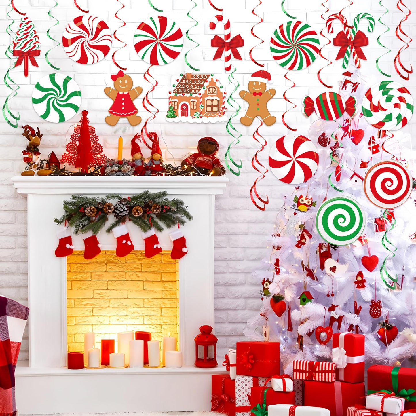 36 PCS Christmas Hanging Swirls Decorations Pre-Strung Candy Gingerbread Man Hanging Streamers Christmas Red Green Candies Gingerbread House Ceiling Swirl Streamer for Xmas Holiday Party Home Decor