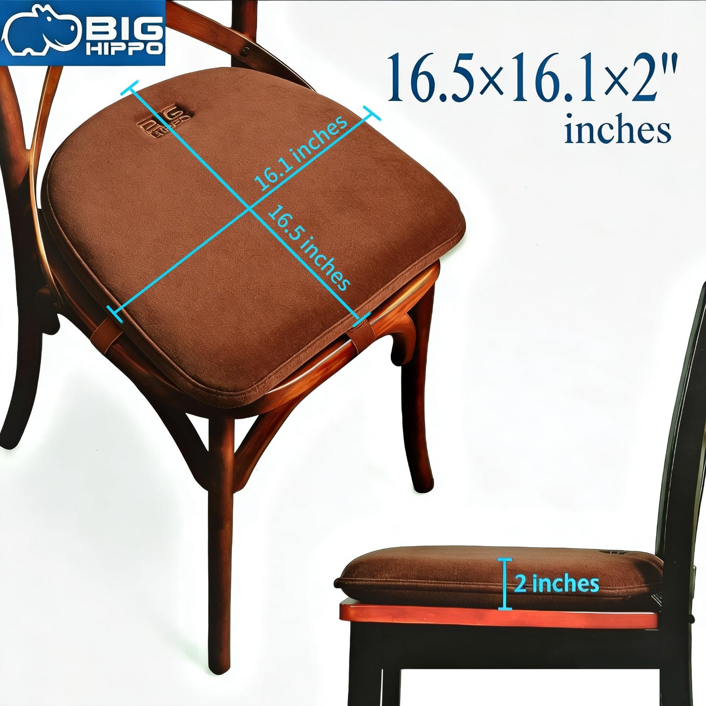Big Hippo Chair Pads, Memory Foam Chair Seat Cushion Non Slip Rubber Back Thicken Chair Padding with Elastic Bands for Home Office Outdoor Seats (Brown-1pc)