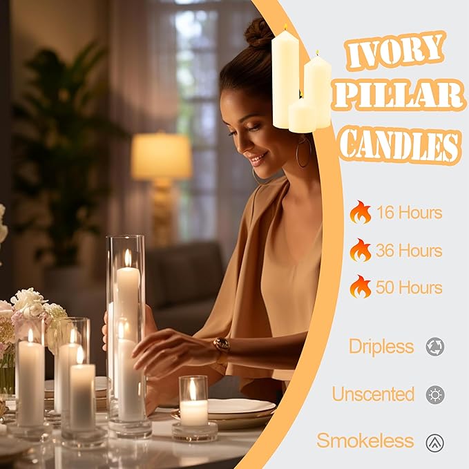 36 Pcs Ivory Pillar Candles Bulk Set，Hurricane Candlesï¼? Different Lengths (12 Each)，Dripless Unscented Smokeless，Gives You a Better Atmosphere When Organizing Wedding or Event Party.