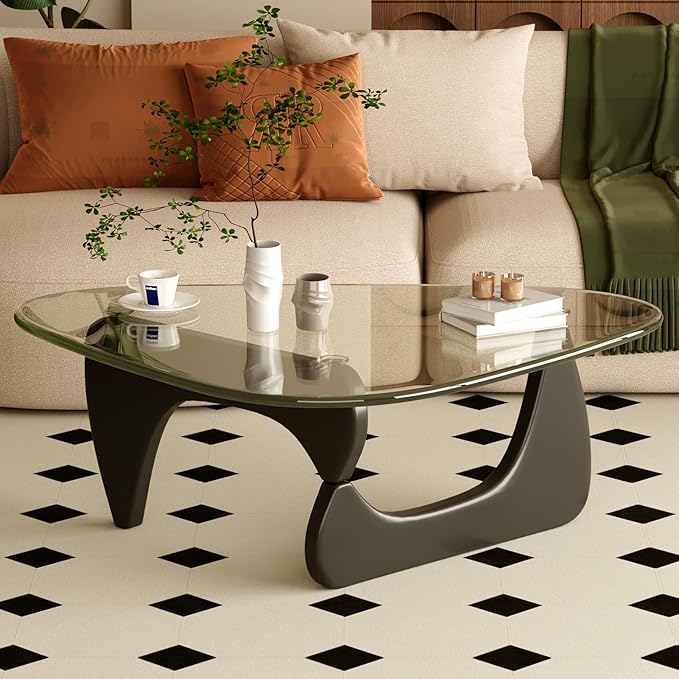 Coffee Table for Living Room Mid Century Modern Center Table with Glass Top, 32 Inch, Black/Transparent