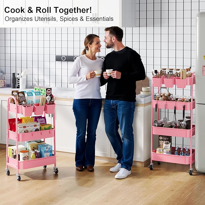 4 Tier Rolling Cart Metal with Lockable Wheels, Four Tiered Pink Trolley Cart on Wheels, Utility Storage Organizer Carts for Bathroom, Kitchen, Art, Craft, Baby Diaper Caddy, Snack, Makeup, Nail, Lash