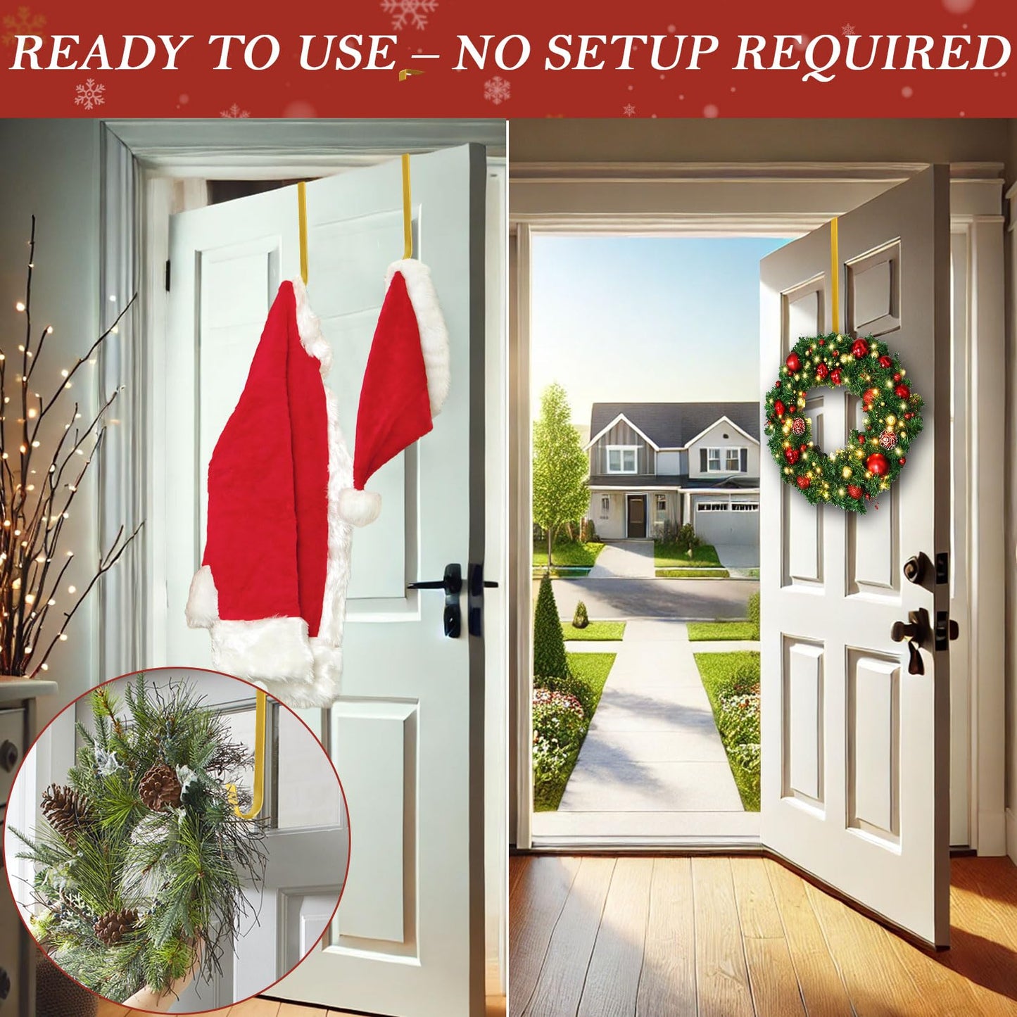 12" Metal Wreath Hanger for Front Door, Tools-Free Wreath Hanger Heavy Duty, Over-the-Door Hooks for Hanging Welcome Sign, Wreath Holder for Easter, Halloween, Fall, Christmas Decorations(Gold)