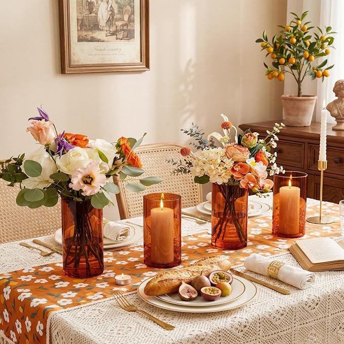 TBWIND 12pcs Amber Glass Cylinder Vases for Centerpieces, 6 Inch Bulk Flower Vases for Wedding Decorations, Hurricane Candle Holder for Floating Candles and Table Home Decor
