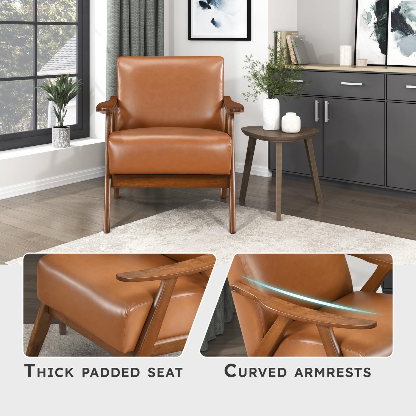 Lexicon Mid Century Modern Accent Chair with Solid Wood Frame in Walnut Finish, Faux Leather Living Room Lounge Arm Chair, Thick and Comfy Innerspring Seat Cushion, Brown