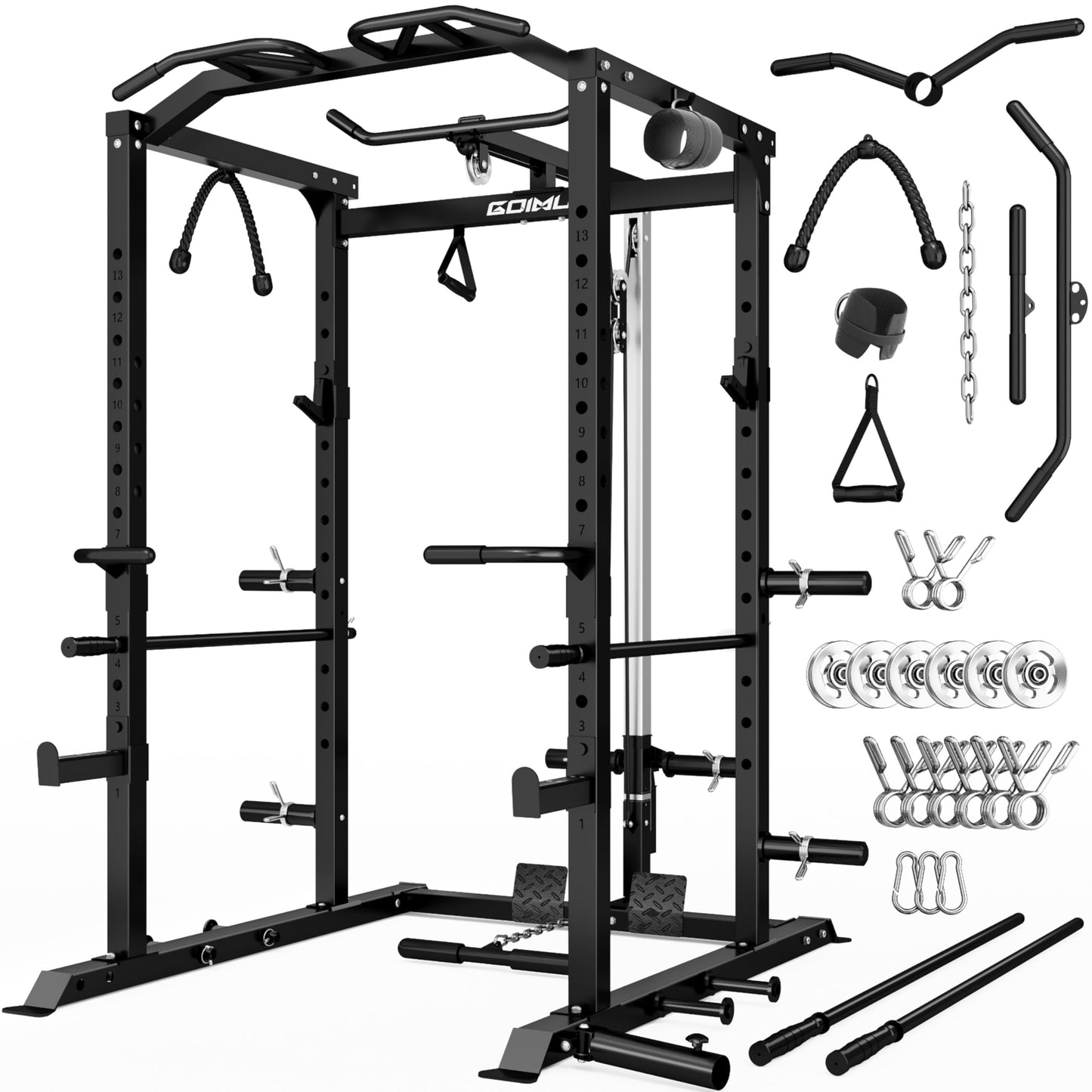 Goimu C1-V4 Power Cage, 2000LBS Squat Rack with LAT Pulldown, Multi-Function Weight Cage Strength Training Machine, Workout Cage with More Attachments for Home Gym Garage (C1-Pro Bk)