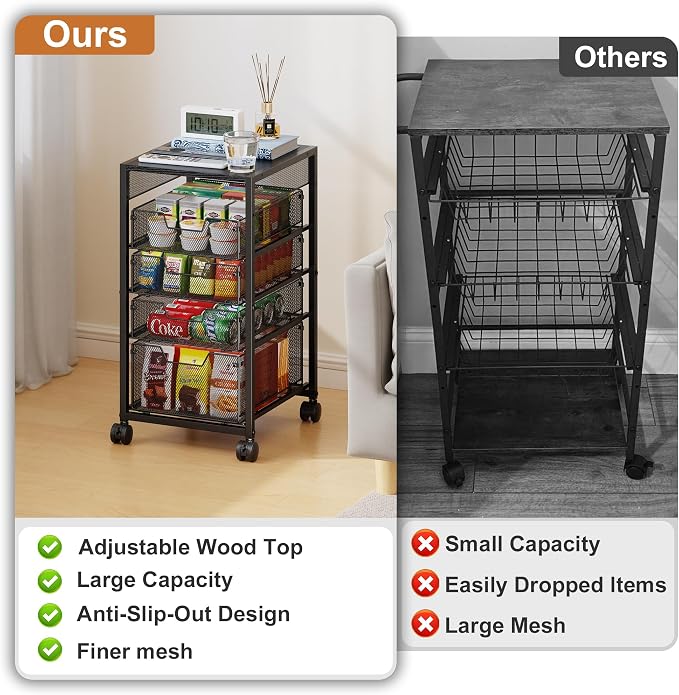 5-Tier Kitchen Utility Storage Cart with Adjustable Wood Top (Tabletop or Basket), Fruit Vegetable Storage Rack with Wheels & Drawers, Metal Rolling Pantry Cart, Kitchen Organizer for Snack Can Potato