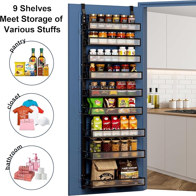 Over the Door Pantry Organizer 9 Tier Hanging Door or Wall Mounted Spice Rack with Adjustable Acylic Basket,Heavy Duty Metal Seasoning Storage Shelf for Kitchen Pantry and Bathroom Black