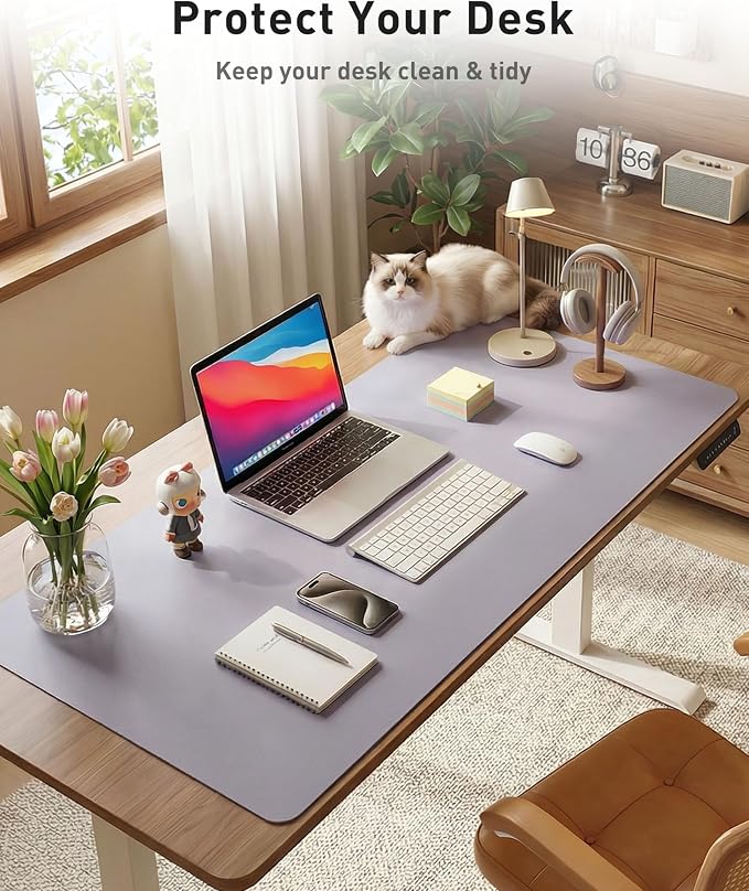 Aothia Faux Leather Desk Mat - Large Mouse Pad, Non-Slip PU Leather Blotter, Waterproof Writing Surface for Office and Home (Lavender, 63" x 17")
