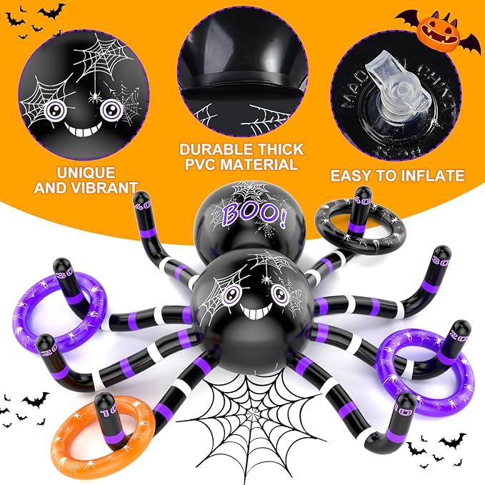 Halloween Ring Toss Games, 14PCS Inflatable Spider with Air Pump 12 Toss Rings for Halloween Party Games Super Fun Game Activities for Kids Adults Indoor Outdoor