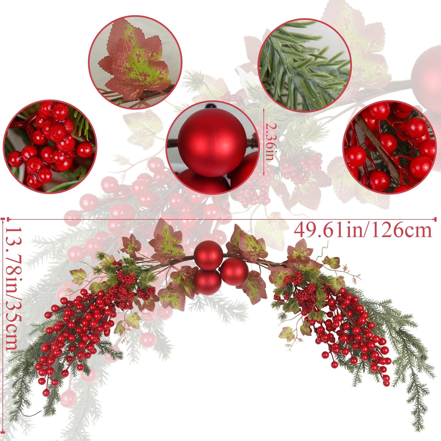GhuaH Christmas Swag for Front Door 49" Artificial Door Swag Xmas Decorative with Red Berries Xmas Balls Christmas Swags for Stair Fireplace Mantle Mailbox Window Holiday Decor