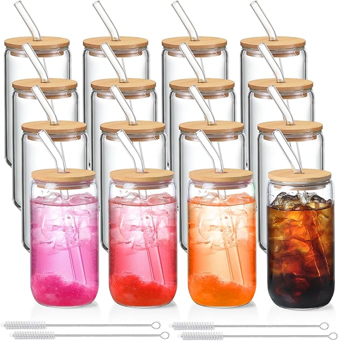 16 Pack Glass Cups with Lids and Straws 16 oz, Personalized Customizable Glasses for Gift, Business, Drinking glasses set, Iced Coffee Cup, Cute Aesthetics Tumbler for Tea, Homemade Drinks