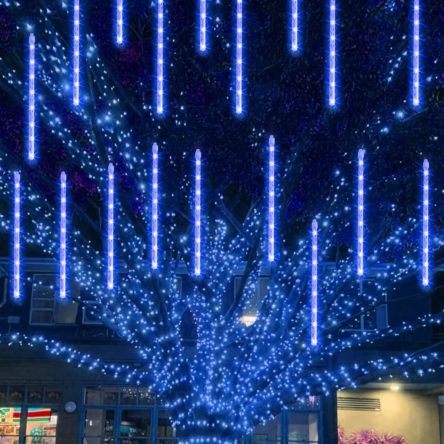 TW SHINE Christmas Lights Outdoor, 288 LED 12" 8 Tubes Meteor Shower Lights Outdoor Christmas Decorations Plug in, Waterproof Snow Falling Rain Icicle Xmas Light for Tree Decor, Blue