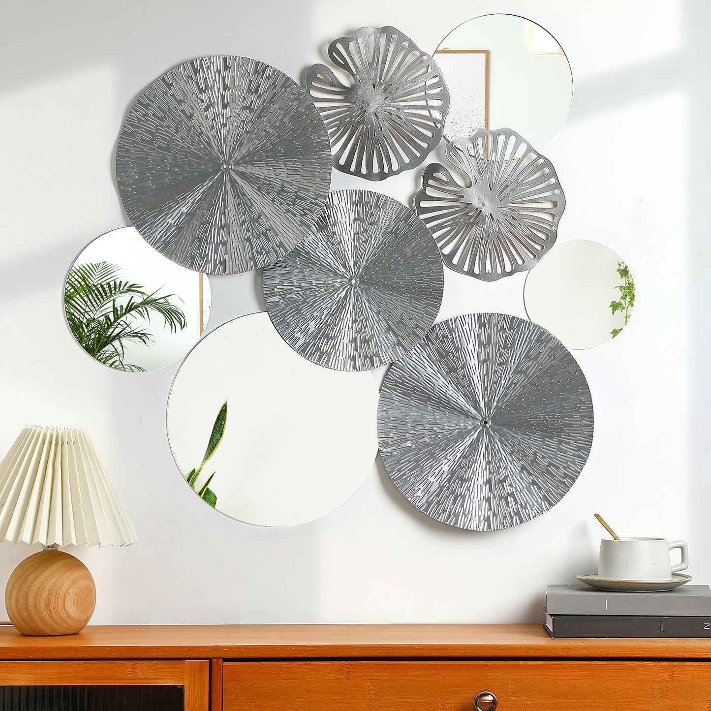 Hicarer 9 Pcs Circle Mirrors Metal Home Decor Wall Decorative Modern Round Accent Wall Art Sculpture Hanging Decorations for Living Room Office Bedroom Kitchen(Silver)