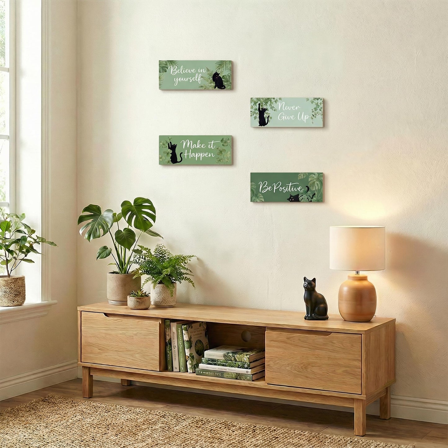 4Pcs Sage Green Office Decor for Women Inspirational Wooden Wall Decor for Office Home Sage Green Black Cat Wall Art Motivational Quotes Wooden Signs Set Positive Affirmations for Bedroom Work