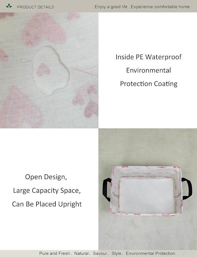 Rectangular Folding Laundry Basket,waterproof Canvas Basket,Gift Basket,Suitable for Children's Room,Office,Clothes,Toys Storage(Pink Love)