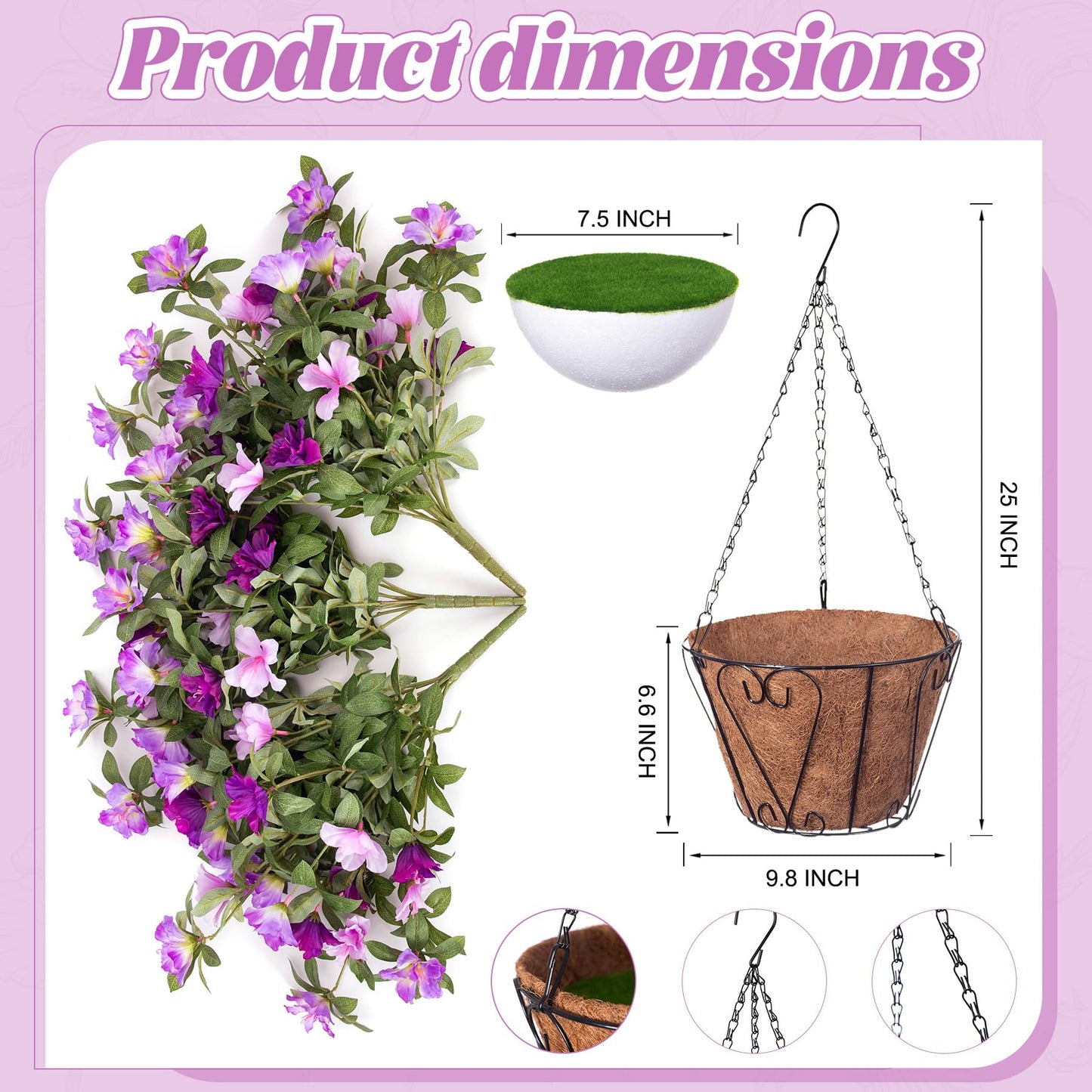 Ammyoo Artificial Hanging Flowers for Outdoors Hanging Baskets, 3 Pcs Fake Silk Flower with Hanging Baskets Planter for Spring Summer Garden Porch Patio Yard Outside Decor