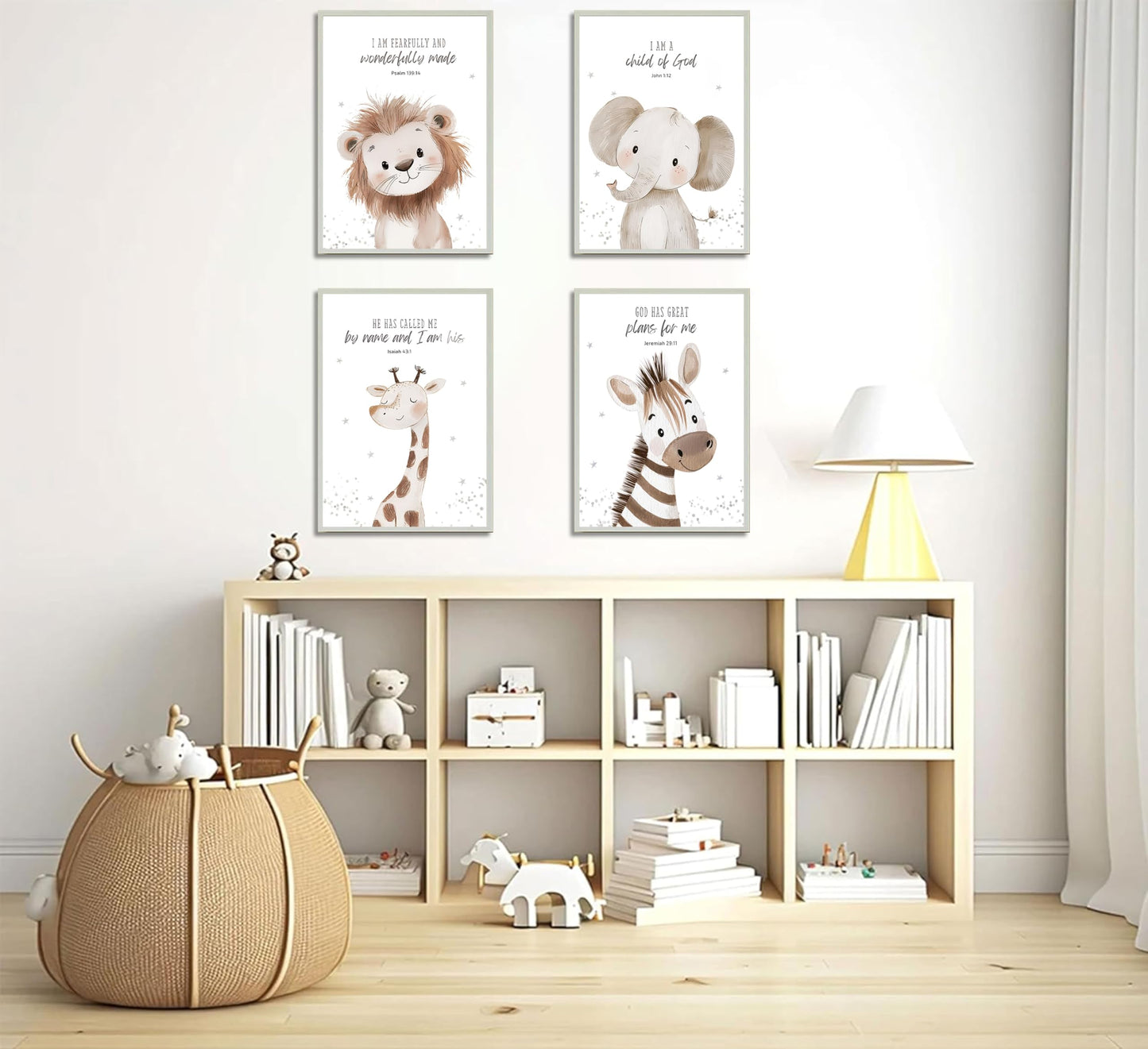 4Pcs Nursery Bible Verse Animal Canvas Wall Art Funny Cute Safari Animals Christian Painting Picture Wall Decor Lions Elephant Giraffe Zebra Poster Print Artwork for Boys and Girls Home Decoration