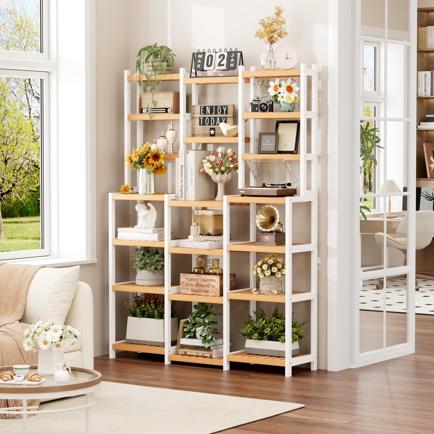 FOTOSOK Bamboo Shelf, 7 Tier Plant Stand Indoor, 3 Row Ladder Shelf, Bookshelf and Bookcase, Corner Display Stand with Adjustable, Flower Stand for Living Room Balcony Kitchen, White and Natural