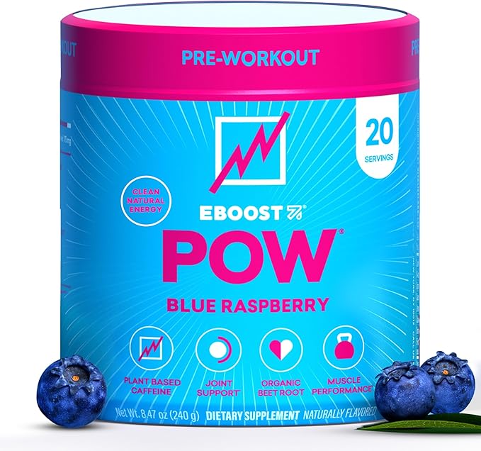 EBOOST POW Natural Pre Workout Powder ??20 Servings - Blue Raspberry - A PreWorkout Supplement for Performance, Joint Mobility Support, Energy - Men and Women - Non-GMO, Gluten-Free, No Creatine