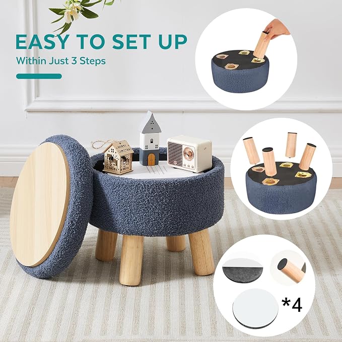 Small Foot Stool Ottoman with Storage, Sherpa Ottoman Foot Rest for Couch, Round Footstool with Storage, Small Ottomans and Footstools for Living Room and Entryway (Navy Blue)